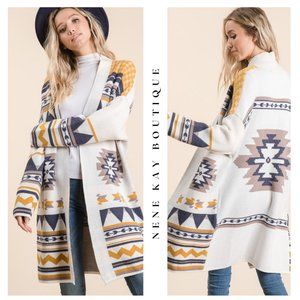 Women's Ivory Aztec Cowichan Boho Print Cardigan Western Open Front Sweater Coat